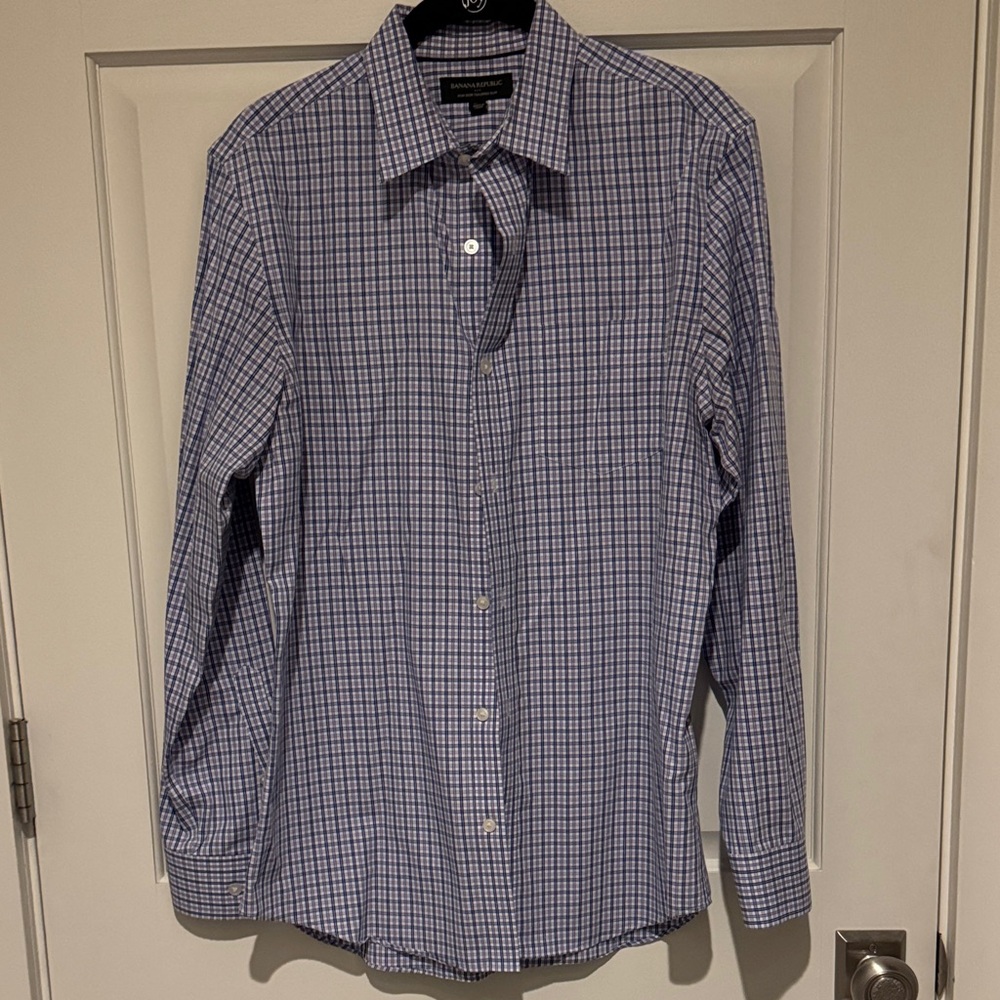 Banana Republic Men's Blue/Purple and White Plaid Shirt